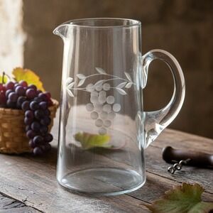 Standard Glass Etched Grapes Pitcher, Vintage Hand Blown Barware, Replacement